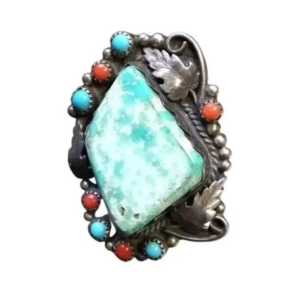 Antique Navajo Ring Green Turquoise Sterling Silver Native Indian Signed Sz10.5 - Picture 2 of 12